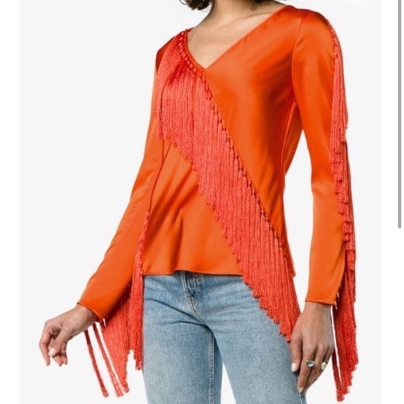 DIANE VON FURSTENBERG Tangerine V-Neck Fringe Blouse Size 8 - Picture 1 of 9